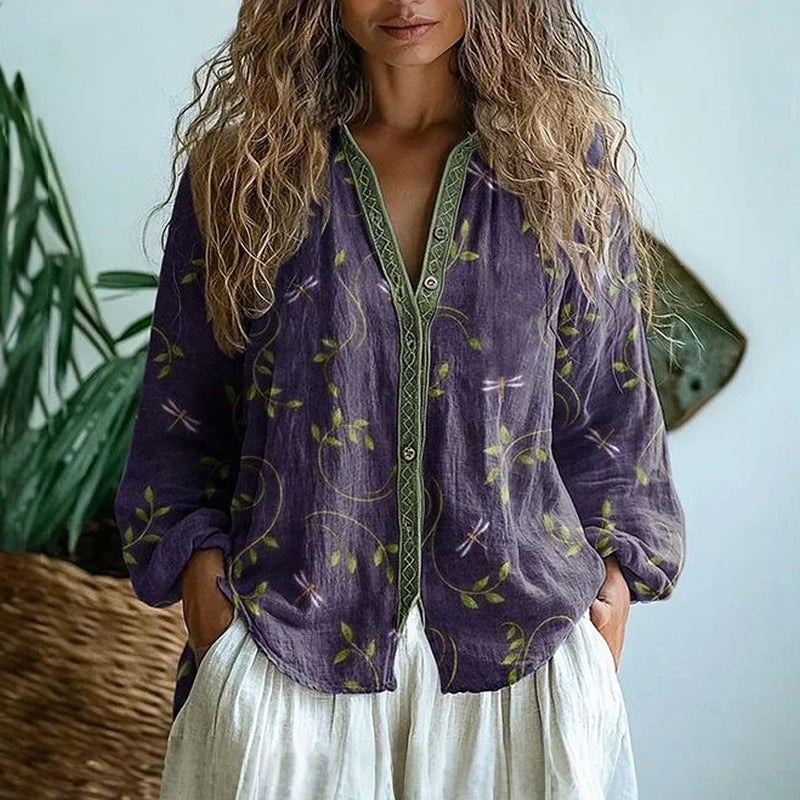 Elowyn™ | Vintage Leaf Print Blouse 