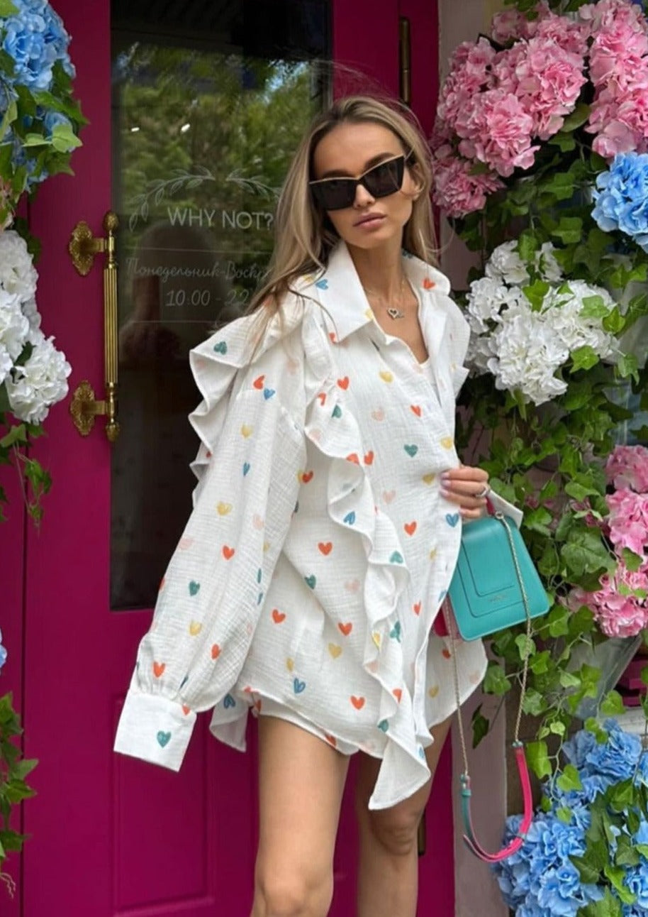 OPHELIE – HEART PRINT SHIRT &amp; SHORTS TWO-PIECE SET