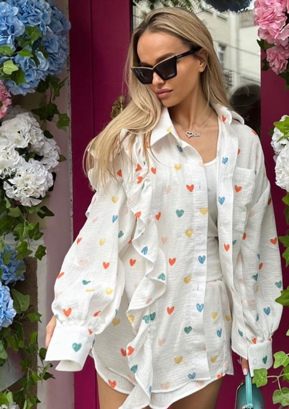 OPHELIE – HEART PRINT SHIRT &amp; SHORTS TWO-PIECE SET