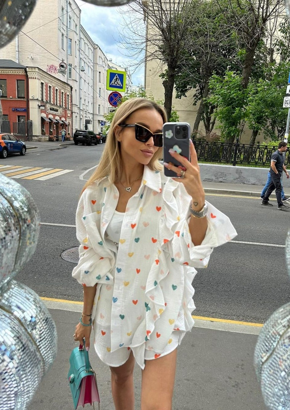 OPHELIE – HEART PRINT SHIRT &amp; SHORTS TWO-PIECE SET