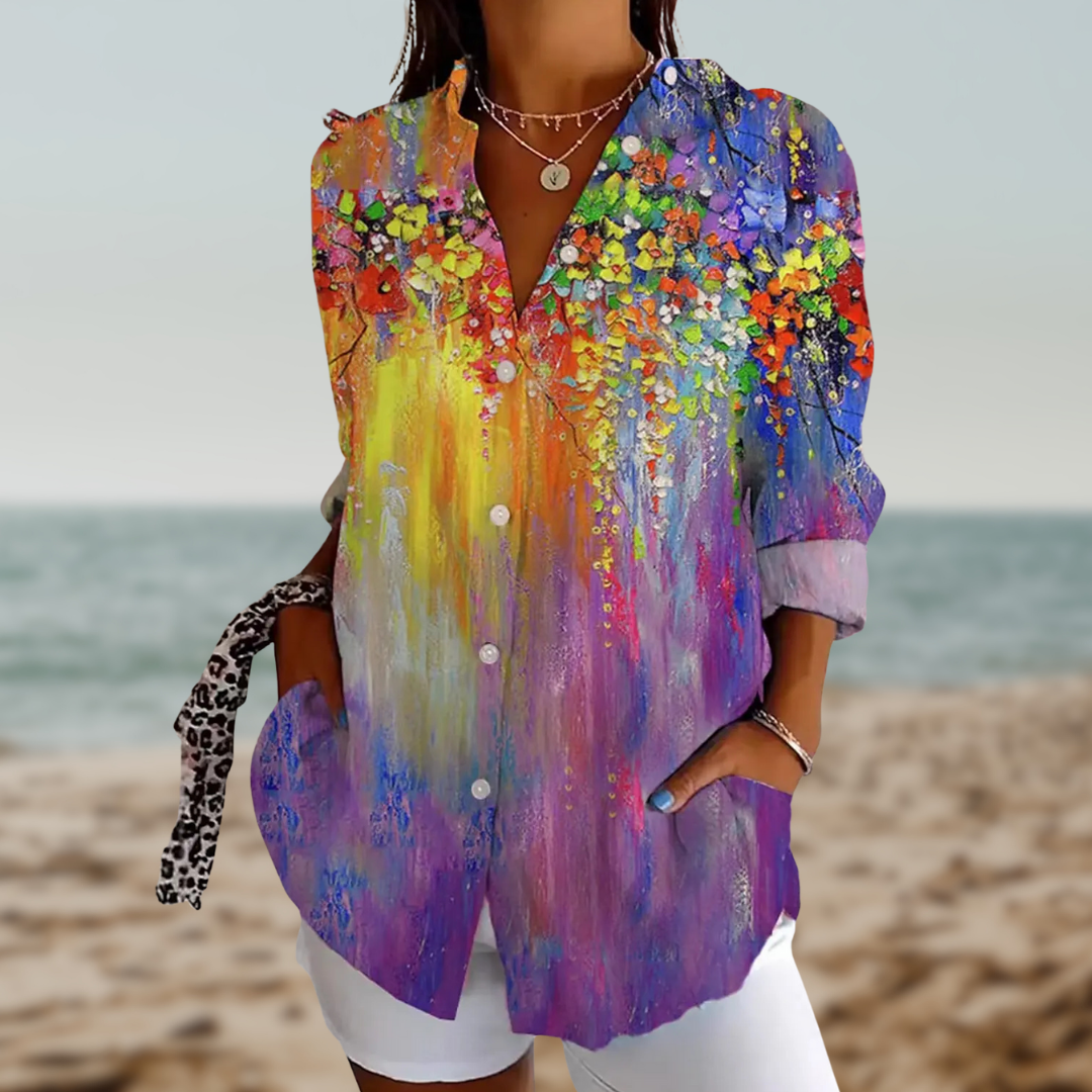 ESMERINA™ | FLORAL GRAPHIC BLOUSE WITH LAPEL COLLAR 