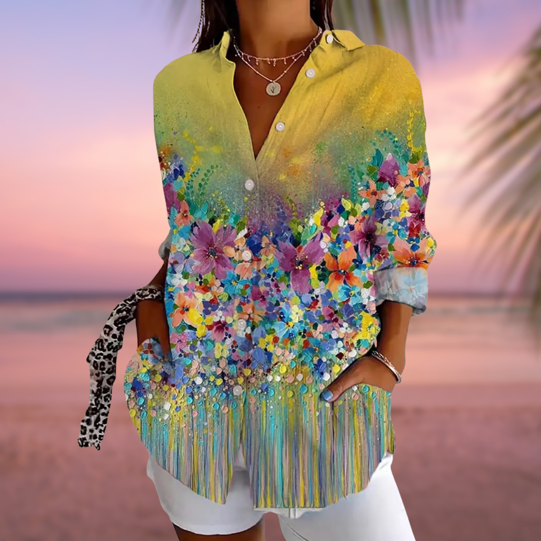 ESMERINA™ | FLORAL GRAPHIC BLOUSE WITH LAPEL COLLAR 