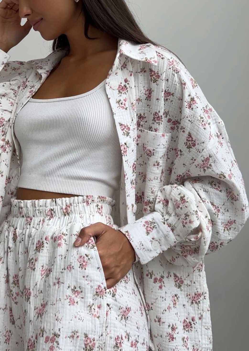 MAIRIN – FLORAL PRINT SHIRT &amp; SHORTS TWO-PIECE SET