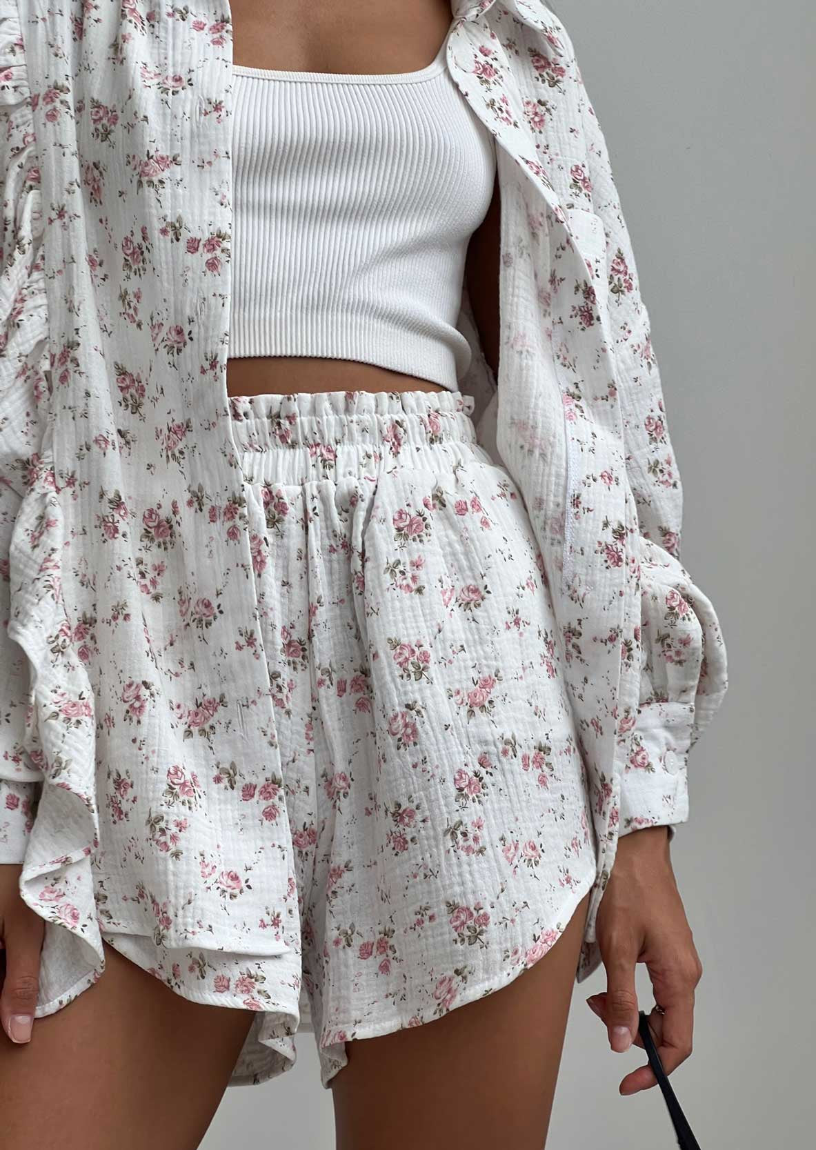 MAIRIN – FLORAL PRINT SHIRT &amp; SHORTS TWO-PIECE SET