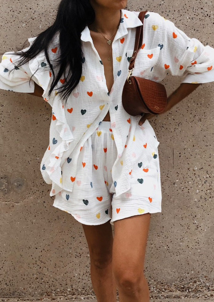 OPHELIE – HEART PRINT SHIRT &amp; SHORTS TWO-PIECE SET