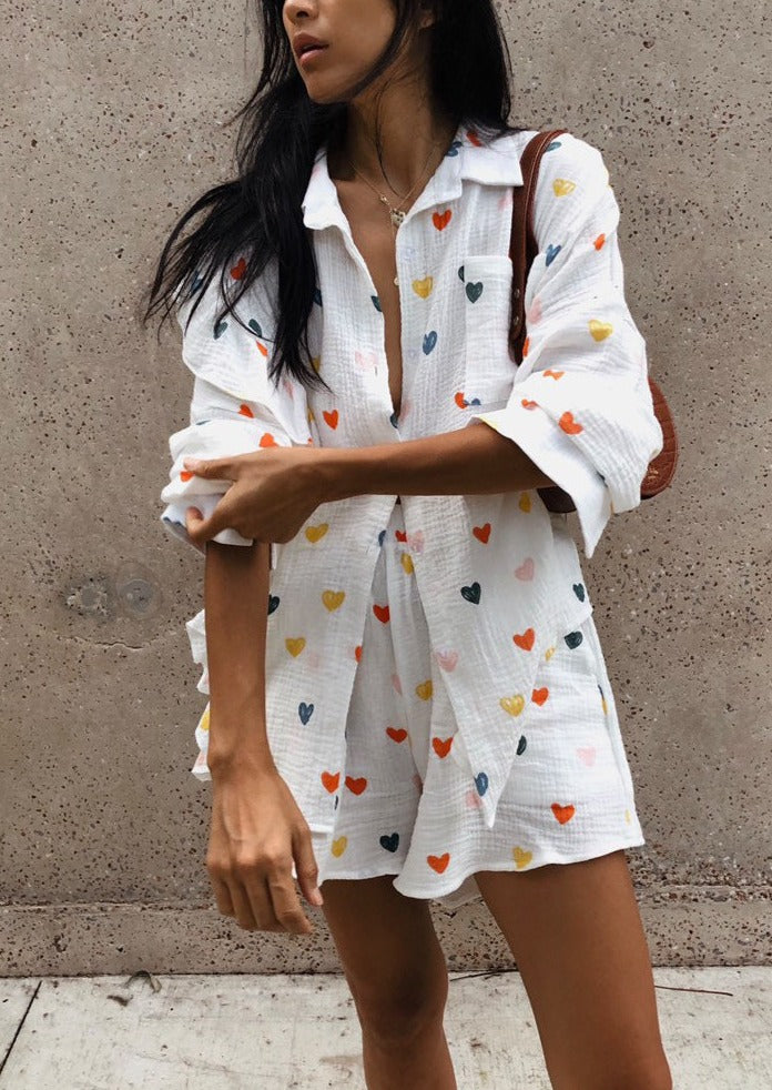 OPHELIE – HEART PRINT SHIRT &amp; SHORTS TWO-PIECE SET
