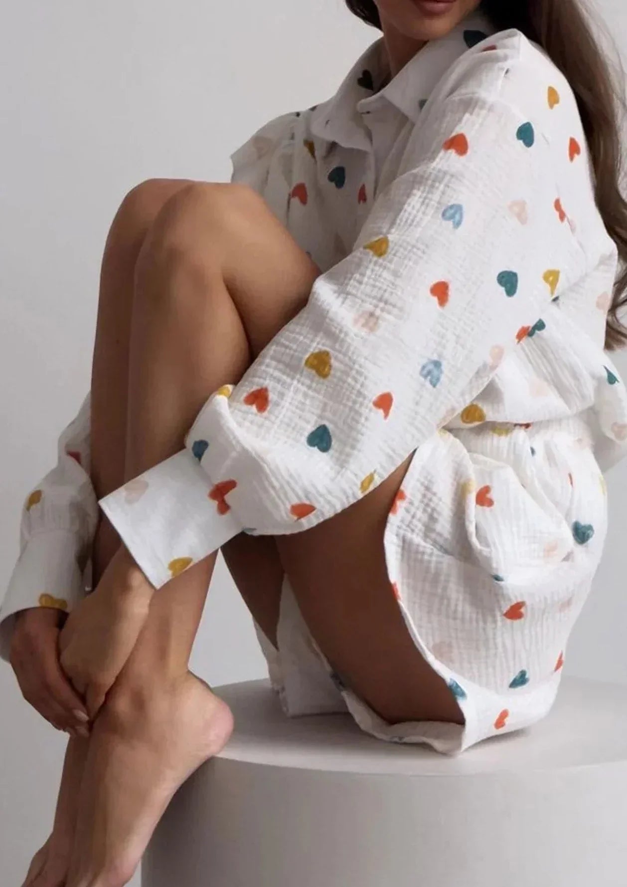 OPHELIE – HEART PRINT SHIRT &amp; SHORTS TWO-PIECE SET