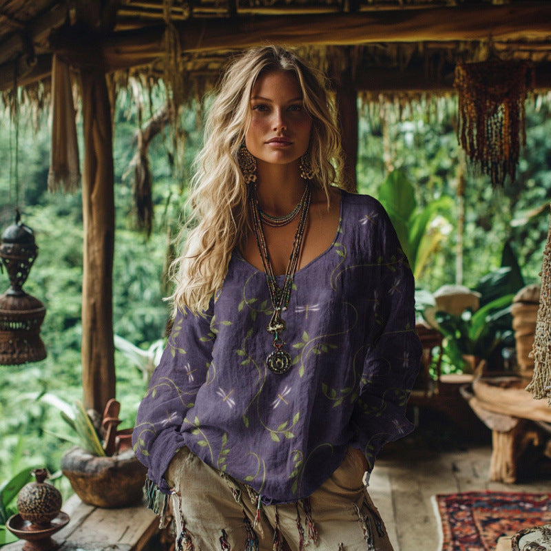 Elowyn™ | Vintage Leaf Print Blouse 