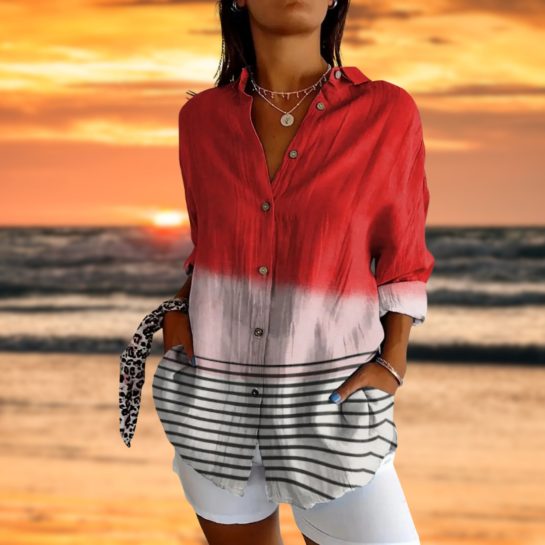 ZARELIA™ | COLOR GRADIENT BLOUSE WITH STRIPED HEM 