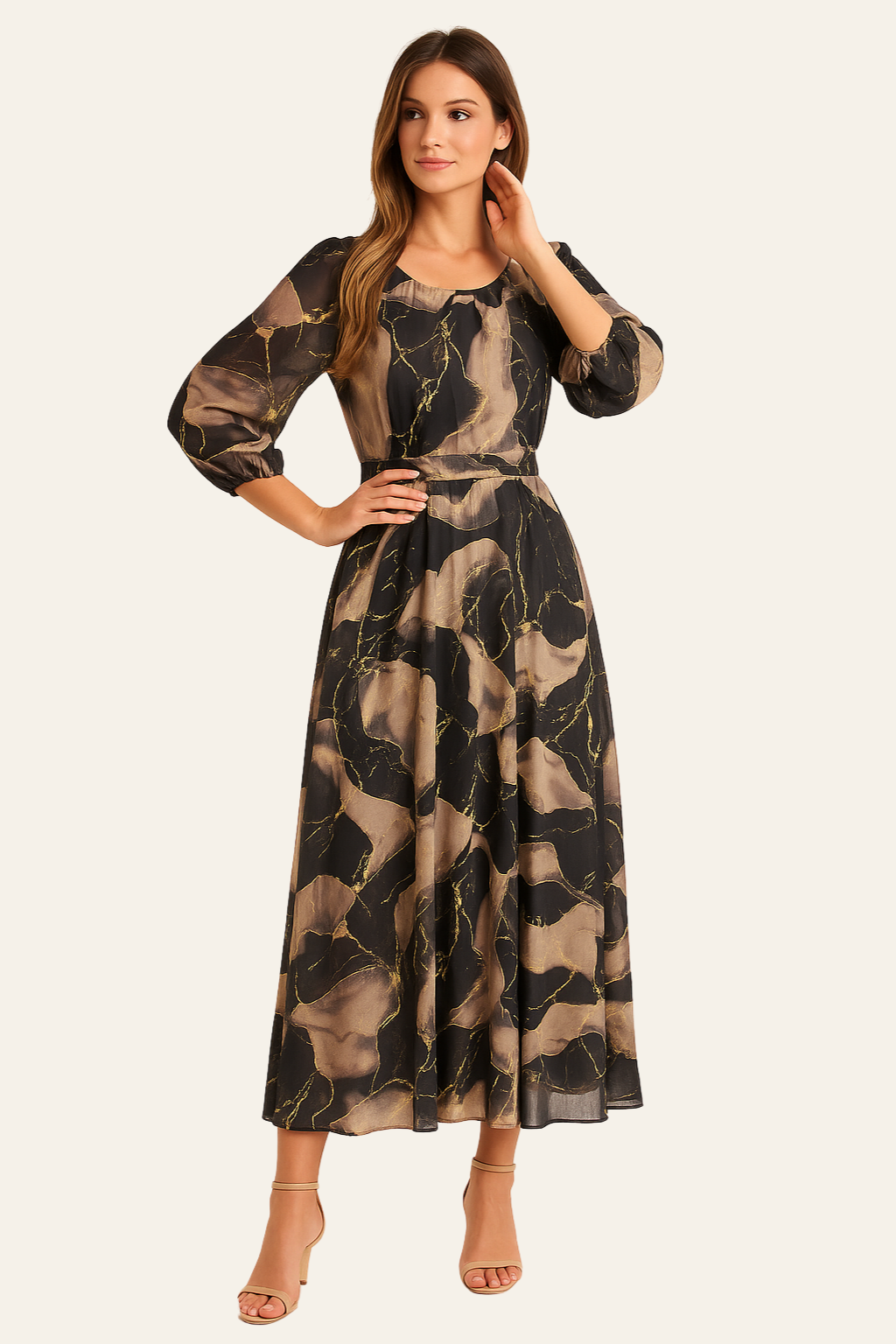 EMMA | PRINTED THREE-QUARTER SLEEVE DRESS 