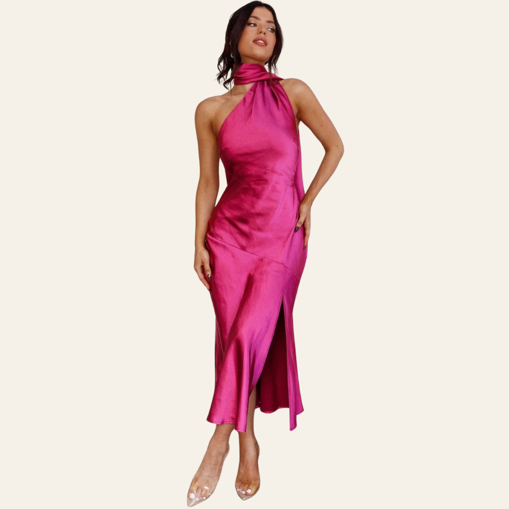 EMMA | SILK HALTER NECK MIDI DRESS 