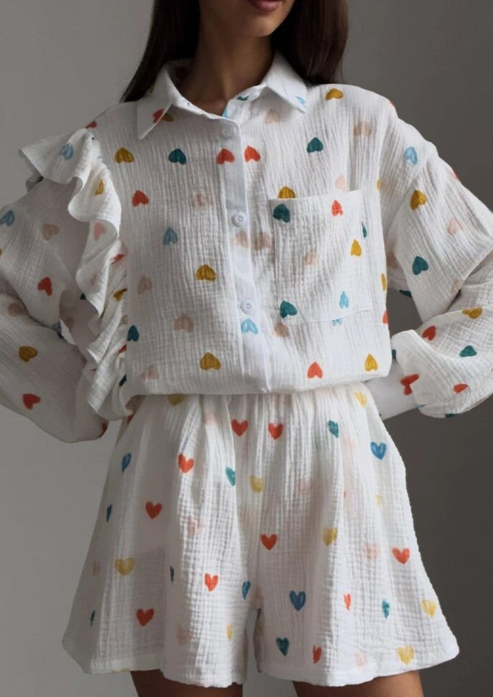 OPHELIE – HEART PRINT SHIRT &amp; SHORTS TWO-PIECE SET