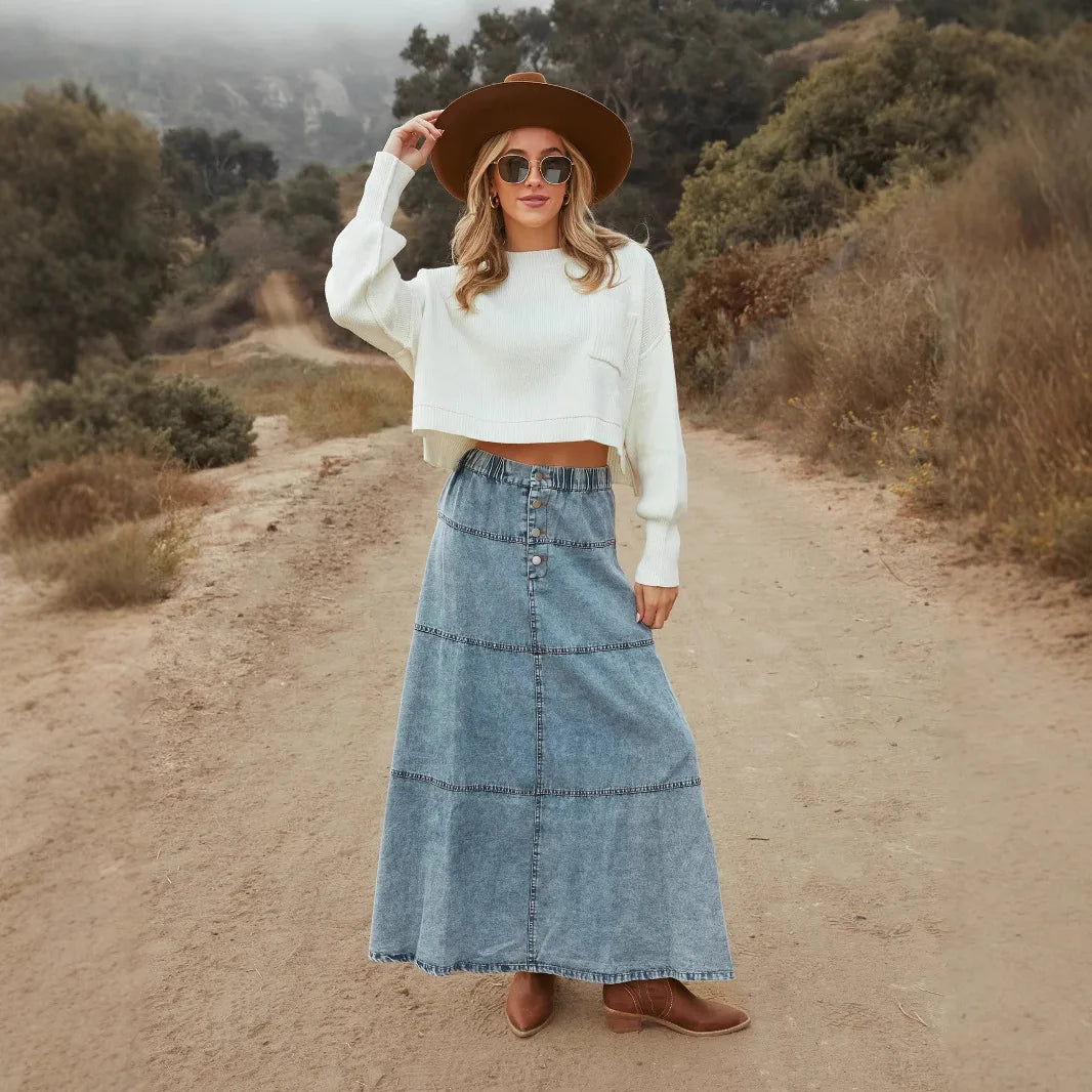 Opaline™ | Boho Maxi Denim Skirt 
