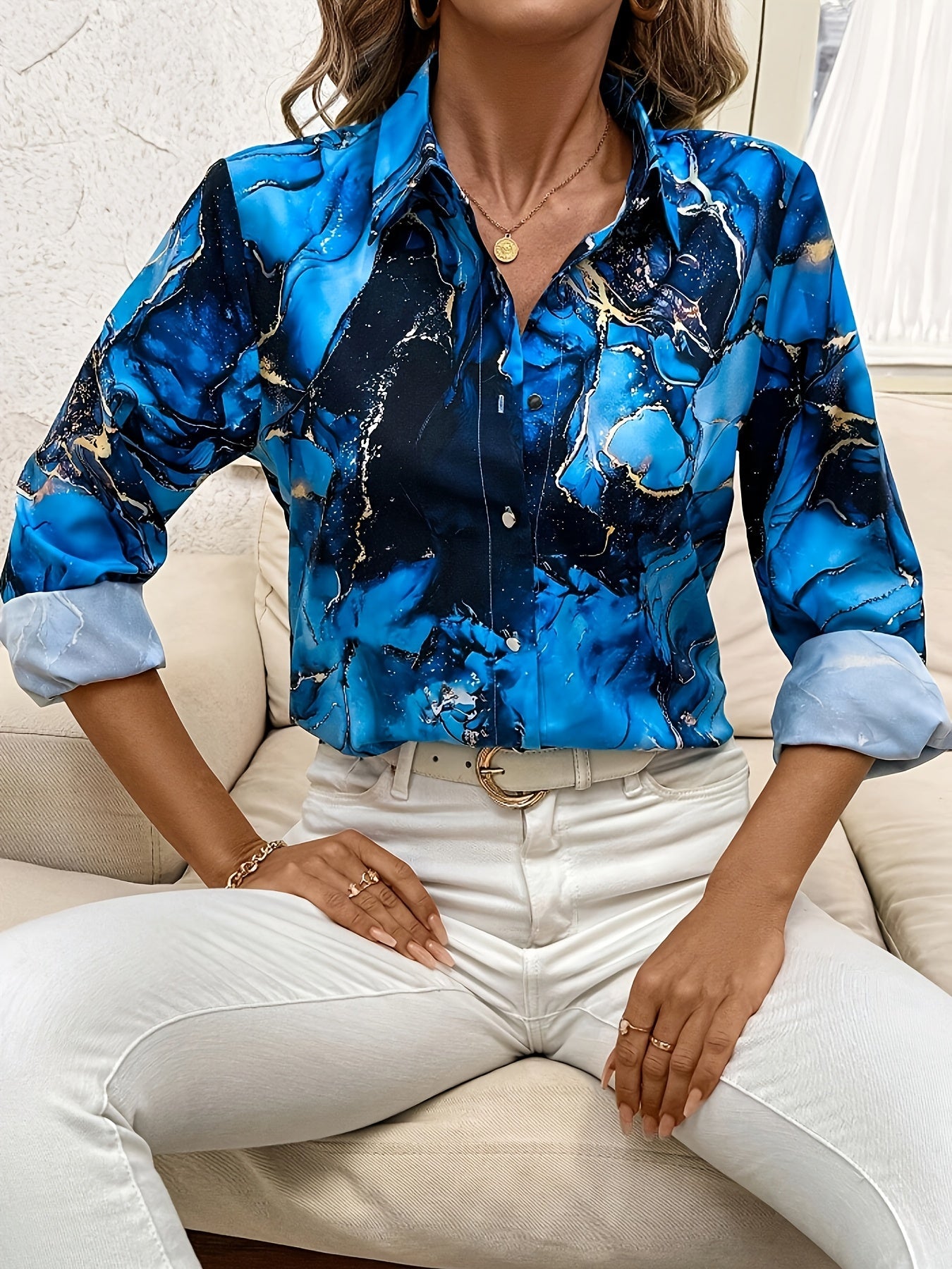 Corvella™ | Watercolor Marble Print Blouse 