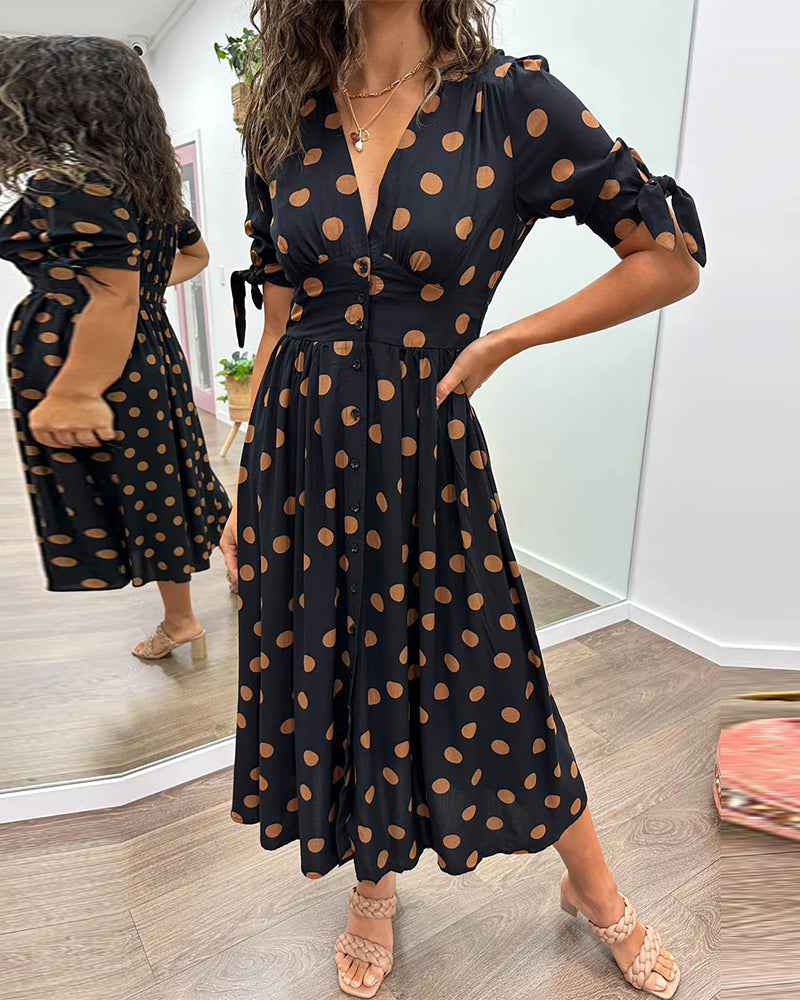 ANELISE™ | V-NECK POLKA DOT MIDI DRESS 