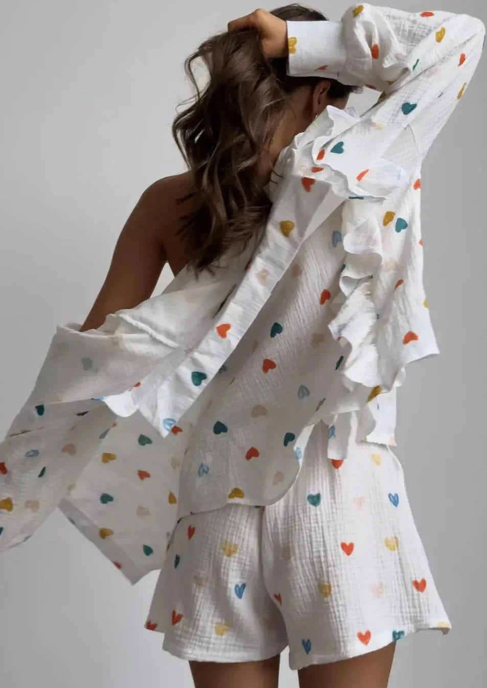 OPHELIE – HEART PRINT SHIRT &amp; SHORTS TWO-PIECE SET